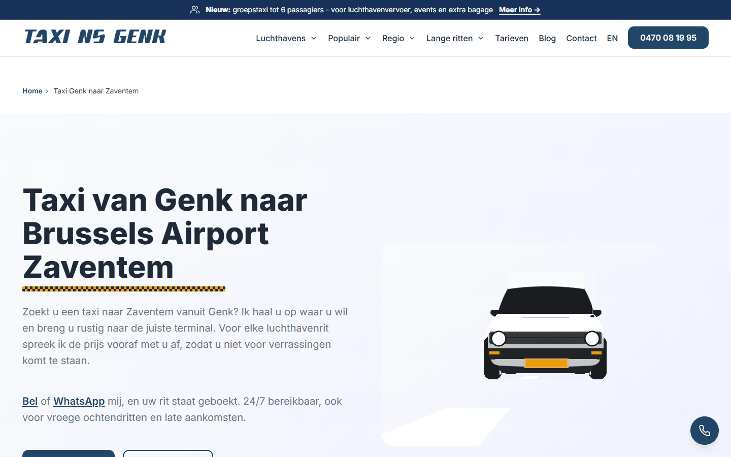 Taxi NS Genk: Een routepagina: Genk naar Zaventem.