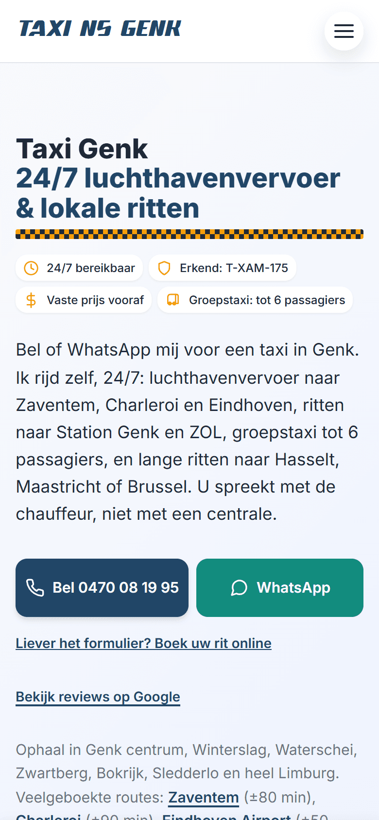 Taxi NS Genk: homepage op een telefoon