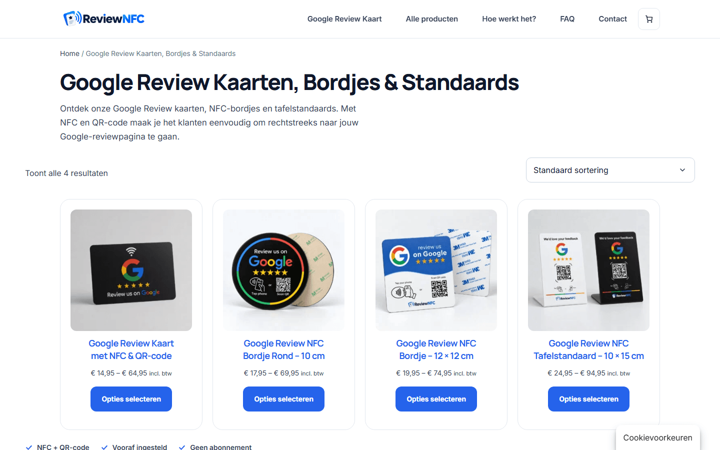 ReviewNFC: De categoriepagina met de vier producten.