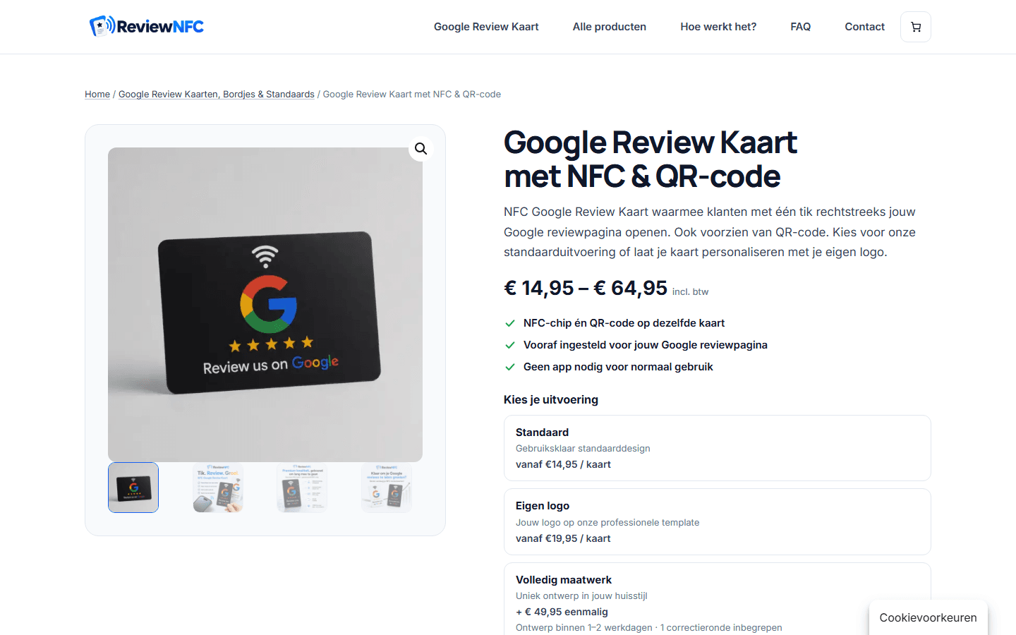 ReviewNFC: Een productpagina met de keuze tussen standaard, eigen logo en maatwerk.