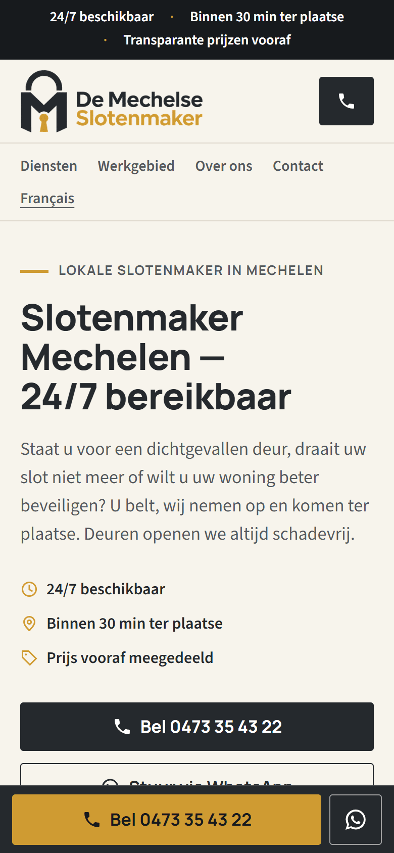 De Mechelse Slotenmaker: homepage op een telefoon