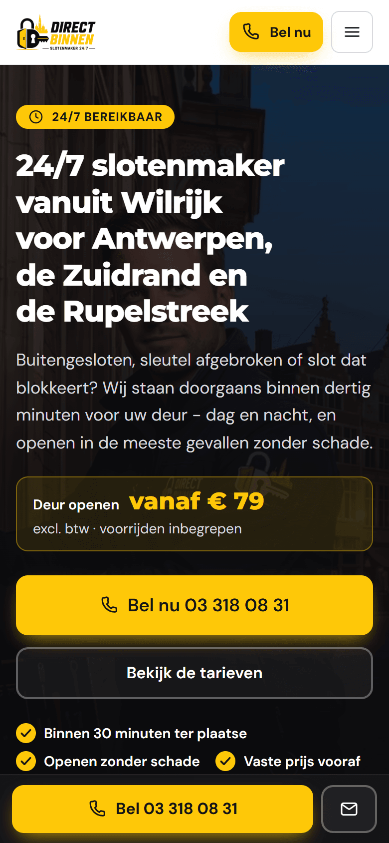Direct Binnen: homepage op een telefoon